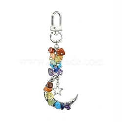 Synthetic & Natural Mixed Gemstone Pendant Decorations, with Tibetan Style Alloy Charms and Alloy Swivel Clasps, Moon, Platinum, 100mm, Pendants: 70x30x9.5mm(HJEW-JM01853-02)