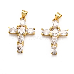 Brass Micro Pave Clear Cubic Zirconia Pendants, Long-Lasting Plated, Cross, Real 18K Gold Plated, 26.5x18x4.5mm, Hole: 3x4mm(ZIRC-J025-41G)
