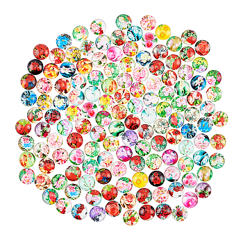 Glass Cabochons, with Self-Adhesive, for DIY Jewelry Making, Half Round, Flower Pattern, 12x4.5mm, 140pcs/box