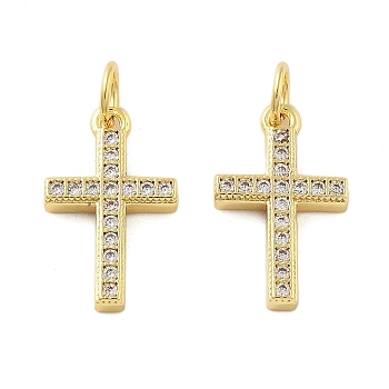 Brass Micro Pave Cubic Zirconia Pendants, Cross, Lead Free & Cadmium Free, Long-Lasting Plated, Rack Plating, with Jump Ring, Real 18K Gold Plated, 16x10x2.5mm, Hole: 3mm