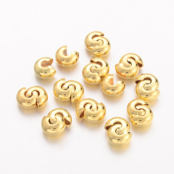Brass Crimp Beads Covers, Round, Golden, About 5mm In Diameter, 4mm Thick, Hole: 2mm, about 106pcs/20g