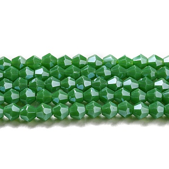 Opaque Solid Color Electroplate Glass Beads Strands, Pearl Luster Plated, Faceted, Bicone, Sea Green, 4x4mm, Hole: 0.8mm, about 87~98pcs/strand, 12.76~14.61 inch(32.4~37.1cm)