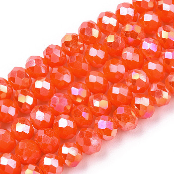 Electroplate Glass Beads Strands, Opaque Solid Color, AB Color Plated, Faceted, Rondelle, Orange Red, 3.5x3mm, Hole: 0.4mm, about 123~127pcs/strand, 13.7~14.1 inch(35~36cm)