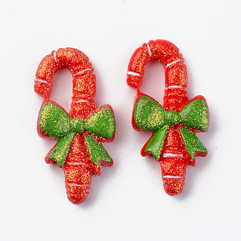 Resin Cabochons, with Glitter Powder, Christmas Theme, Opaque, Candy Canes, with Bowknot, Green, Red, 29x14x6mm