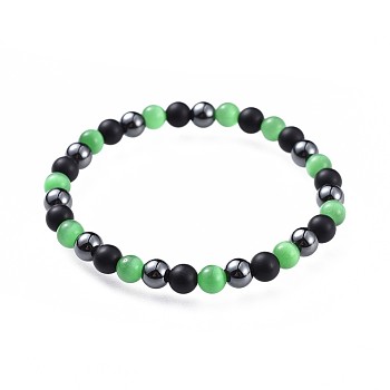 Cat Eye Stretch Bracelets, with Natural Black Agate(Dyed) Beads and Non-Magnetic Synthetic Hematite Beads, Lime Green, 2-1/4 inch(5.7cm)