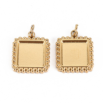 Ion Plating(IP) 304 Stainless Steel Pendant Cabochon Settings, with Jump Rings, Square, Real 14K Gold Plated, Tray: 8x8mm, 14.5x12x2mm, Jump Ring: 3.8x0.5mm, 2.8mm inner diameter