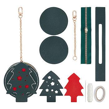 Christmas Theme Imitation Leather Sew on Coin Purse Kit, Including Needle, Thread, Tape, Fabric, Zipper, Christmas Tree Pattern, 6.6~30.7x3.4~10.4x0.15cm, Tree: 108~121x70~90x1.5mm