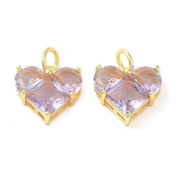 Rack Plating Brass Pendants, with Glass, Long-Lasting Plated, Lead Free & Cadmium Free, Heart, Lilac, 13.5x14x5.5mm, Hole: 4mm