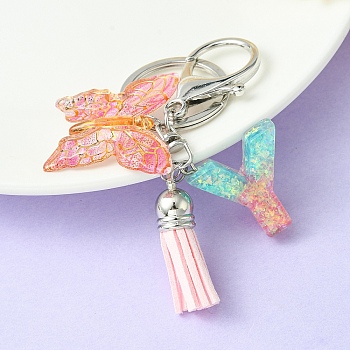 Resin & Acrylic Keychains, with Alloy Split Key Rings and Faux Suede Tassel Pendants, Letter & Butterfly, Letter Y, 8.6cm