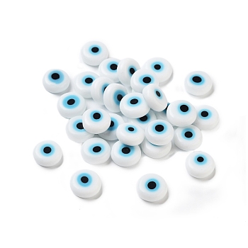 Handmade Evil Eye Lampwork Flat Round Bead, White, 8x3.2mm