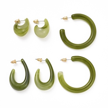 C-shape Resin Stud Earrings Set, Half Hoop Earrings, Open Hoop Earrings for Women, Olive Drab, 23~40.5x6~14mm, Pin: 0.7mm, 3 pairs/set