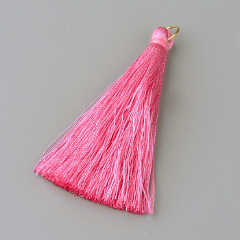 Nylon Thread Tassel Big Pendants Decoration, with Brass Findings, Golden, Hot Pink, 63~66x7mm, Hole: 7mm
