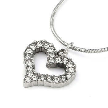 304 Stainless Steel Crystal Rhinestone Round Snake Chain Heart Pendant Necklaces for Women, Stainless Steel Color, 17.60 inch(44.7cm)