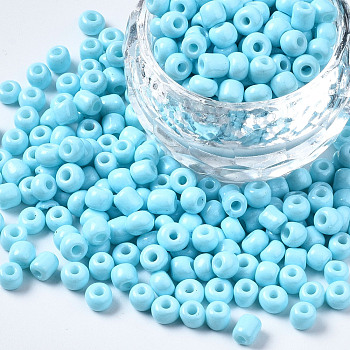 6/0 Glass Seed Beads, Baking Paint, Round Hole, Round, Sky Blue, 4~5x3~5mm, Hole: 1.2~1.5mm, about 4500pcs/Pound