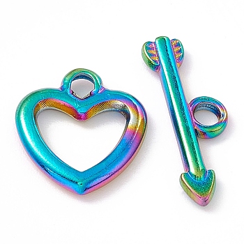 Ion Plating(IP) 304 Stainless Steel Toggle Clasps, Heart, Rainbow Color, Heart: 14.5x13x2mm, Hole: 2mm, 6x9mm inner diameter, Bar: 7x20x2mm, hole: 2mm