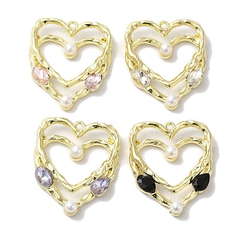 Rack Plating Alloy Pendants, with ABS Imitation Pearl and Rhinestone, Cadmium Free & Nickel Free & Lead Free, Heart Charms, Golden, 28x23x5mm, Hole: 1.2mm