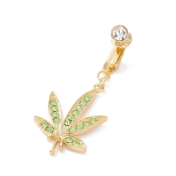 Leaf Rhinestone Charm Belly Ring, Clip On Navel Ring, Non Piercing Jewelry for Women, Golden, Peridot, 49mm