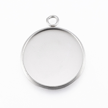 304 Stainless Steel Pendant Cabochon Settings, Flat Round, Stainless Steel Color, Tray: 20mm, 26.5x22x2mm, Hole: 3mm