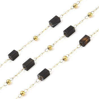 Ion Plating(IP) 304 Stainless Steel Link Chains, Natural Black Agate Beads & Spool, Soldered, Real 18K Gold Plated, 6.5x2.5x2.5mm, about 32.81 Feet(10m)/Roll