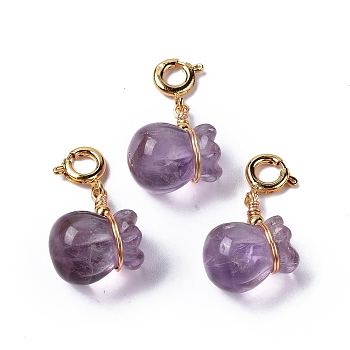 Natural Amethyst Money Bag Spring Ring Clasp Charms, Rack Plating Brass Spring Ring Clasps, Golden, 24mm, Bag: 16.5x12x10mm