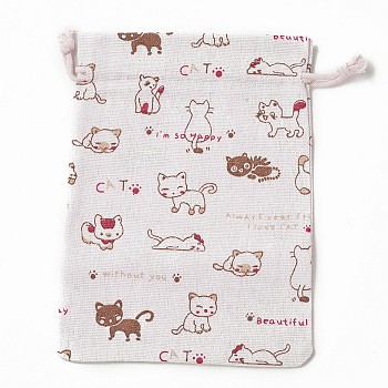 Burlap Kitten Packing Pouches, Drawstring Bags, Rectangle with Cartoon Cat Pattern, Colorful, 17.7~18x13.1~13.3cm