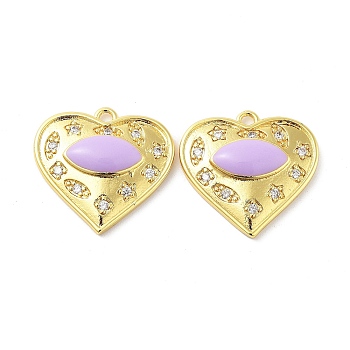 Brass Micro Pave Clear Cubic Zirconia Pendants, with Enamel, Real 18K Gold Plated, Heart with Horse Eye Charms, Lilac, 20x21x4mm, Hole: 1.8mm