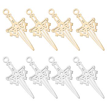 16Pcs 2 Colors 304 Stainless Steel Pendants, Laser Cut, Sword Charm, Mixed Color, 23x10x1mm, Hole: 1.6mm, 8pcs/color