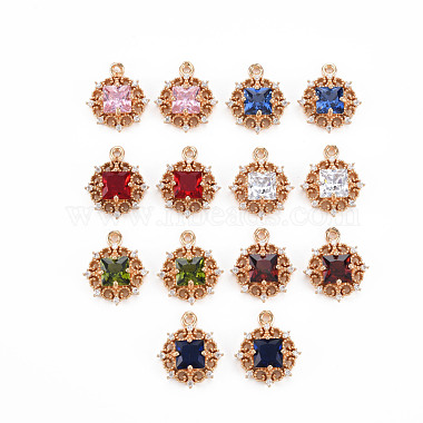 Light Gold Mixed Color Flat Round Brass+Cubic Zirconia Pendants