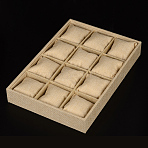 Wood Covered with Burlap Jewelry Bracelet Watch Displays, 12 Compartments, with Pillows, Camel, 35x24x5cm(BDIS-F001-02)
