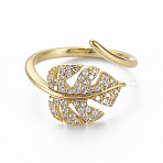 Brass Micro Pave Clear Cubic Zirconia Cuff Rings, Open Rings, Nickel Free, Leaf, Real 16K Gold Plated, US Size 6 3/4(17.1mm)(X-RJEW-Q164-014-NF)