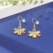 Alloy Enamel Snowflake Dangle Earrings for Christmas, with Rhinestone, Brass Earring Hooks & Ear Nuts, Colorful, Golden, 40mm, Pin: 0.5mm(X-EJEW-JE04461)