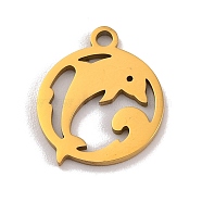 201 Stainless Steel Charms, Laser Cut, Flat Round with Sea Animals Charm, Golden, Dolphin, 14x12x1mm, Hole: 1.5mm(STAS-U016-06G-01)