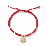 Golden Tone Sun Brass Micro Pave Clear Cubic Zirconia Charm Bracelets, Adjustable Nylon Cord Bracelets for Women, Red, Inner Diameter: 2~2-3/4 inch(5~7cm)(BJEW-JB10599)