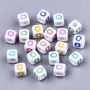 Opaque White Acrylic Beads, with Enamel, Horizontal Hole, Cube with Mixed Color Letter, Letter.O, 6x6x6mm, Hole: 3mm, about 2900pcs/500g(SACR-R252-02O)