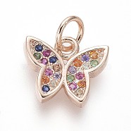 Brass Micro Pave Cubic Zirconia Charms, with Jump Rings, Butterfly, Colorful, Rose Gold, 9.5x11x2mm, Hole: 3mm(ZIRC-I032-59RG)