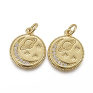 Brass Micro Pave Clear Cubic Zirconia Pendants, with Jump Rings, Long-Lasting Plated, Flat Round & Planet & Star & Moon, Real 18K Gold Plated, 16.5x14x2mm, Hole: 3mm(KK-F821-21G)