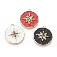 Golden Plated Brass Micro Pave Colorful Cubic Zirconia Pendants, with Enamel, Flat Round with Shining Star, Mixed Color, 28x25x3mm, Hole: 1.8mm(KK-F807-26-G)