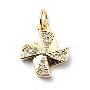 Brass Micro Pave Cubic Zirconia Charms, with Jump Ring, Windmill/Pinwheel Charms, Real 18K Gold Plated, 14x12x2mm, Hole: 3.2mm(ZIRC-F131-05G)