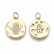 Hammered Brass Micro Pave Clear Cubic Zirconia Pendants, with Jump Rings, Nickel Free, Flat Round with Hamsa Hand/Hand of Fatima/Hand of Miriam, Real 16K Gold Plated, 17x15x2mm, Jump Ring: 5x0.8mm, 3.4mm inner diameter(ZIRC-S067-140-NF)