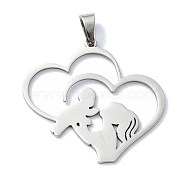 304 Stainless Steel Pendants, Laser Cut, Heart with Mother & Child Charms, Stainless Steel Color, 34x36x1mm, Hole: 7x4mm(STAS-C097-12P)