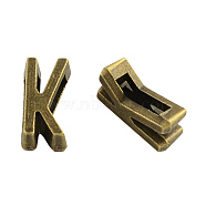 Tibetan Style Alloy Letter Slide Charms, Cadmium Free & Nickel Free & Lead Free, Letter.K, 11x2~8x4mm, Hole: 7x2mm, about 1135pcs/1000g(TIBEB-Q055-11AB-NR)