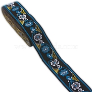 Flat Ethnic Style Embroidery Polyester Ribbons, Jacquard Ribbon, Garment Accessories, Steel Blue, 1-1/4 inch(33mm), about 7.66 Yards(7m)/pc(PW-WG12916-06)