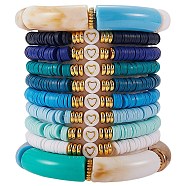 10Pcs 10 Style Handmade Polymer Clay Heishi Beaded Stretch Bracelets Set with Heart, Acrylic Chunky Curved Tube Bracelets for Women, Blue, Inner Diameter: 2-1/8 inch(5.5cm)(BJEW-SW00036-03)