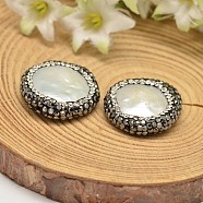Flat Round Shell Pearl Beads, with Polymer Clay Rhinestones, White, 21~26x6mm, Hole: 1mm(BSHE-L002-08)