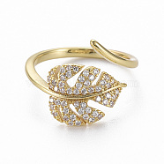 Brass Micro Pave Clear Cubic Zirconia Cuff Rings, Open Rings, Nickel Free, Leaf, Real 16K Gold Plated, US Size 6 3/4(17.1mm)(X-RJEW-Q164-014-NF)