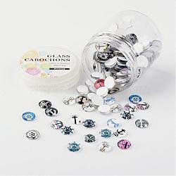 Glass Cabochons, Helm &  Anchor Printed, Half Round/Dome, Mixed Color, 10x3.5~4mm, about 200pcs/box(GGLA-JP0001-03)