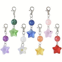 7Pcs 7 Colors Glass Star Round Pendant Decoration, with 304 Stainless Steel Lobster Claw Clasps, Mixed Color, 45mm, 1pc/color(HJEW-YW00103)