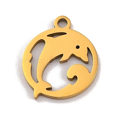 201 Stainless Steel Charms, Laser Cut, Flat Round with Sea Animals Charm, Golden, Dolphin, 14x12x1mm, Hole: 1.5mm(STAS-U016-06G-01)