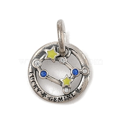 Luminous 925 Sterling Silver Rhinestone Constellation Charms, Glow in the Dark Enamel Constellation Charms with Oval Jump Rings, Antique Silver, Gemini, 11.5x2mm, Hole: 4x5mm(STER-H114-01AS-06)