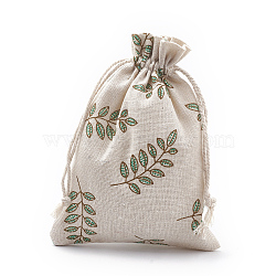 Polycotton(Polyester Cotton) Packing Pouches Drawstring Bags, with Printed Leaf, Teal, 18x13cm(ABAG-S003-05A)